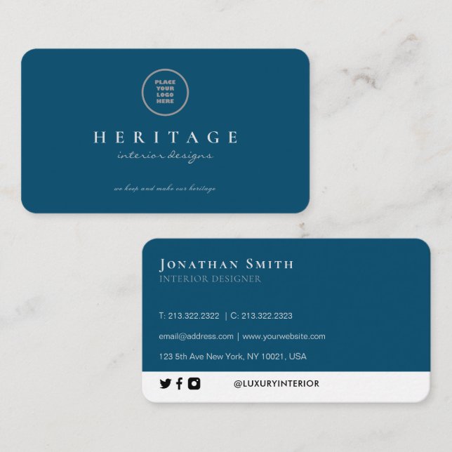 Carte De Visite Ajoutez Votre Logo Élégant Luxe Plaine Bleu Océan (Devant / Derrière)