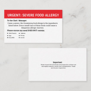 Carte De Visite Alerte d'allergie alimentaire multiple
