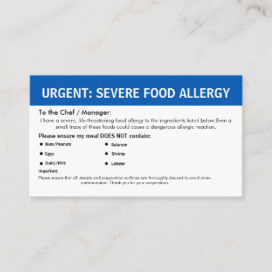 Carte De Visite Alerte d'allergie alimentaire multiple