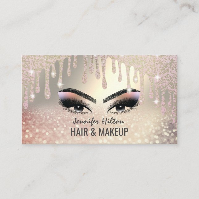 Carte De Visite Allant rose de l'or glittery cheveux & maquillage (Devant)