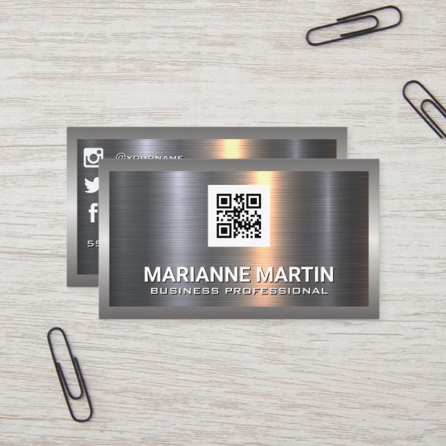 Carte De Visite Aluminium métallique | code qr | Icônes des médias (Devant/Arrière en situation)