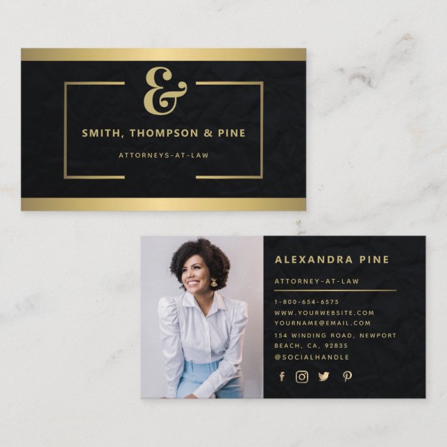 Carte De Visite Ampersand Géométrique Black Gold Photo Professionn (Devant / Derrière)