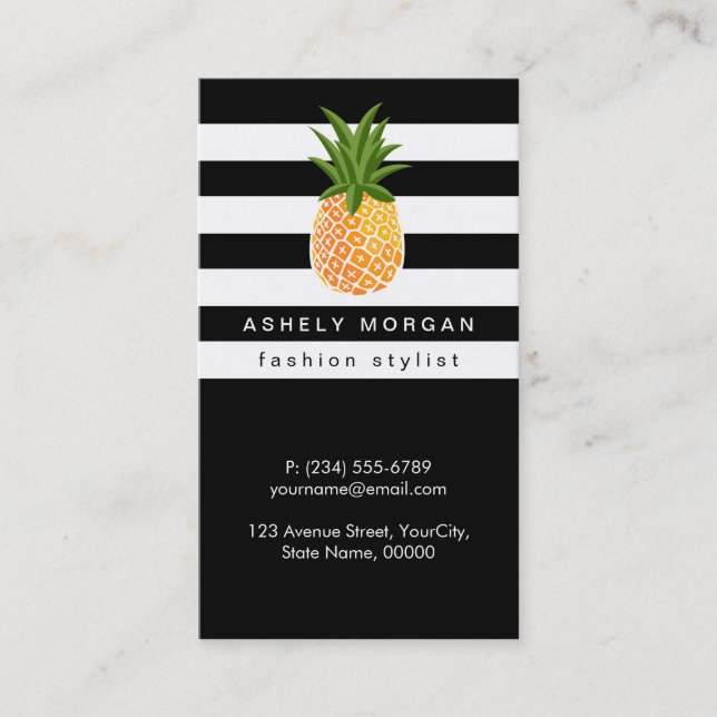 Carte De Visite Ananas élégant avec bandes blanches noires (Devant)