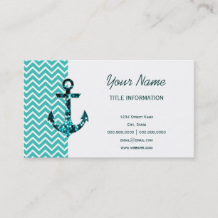 Carte De Visite Ancre nautique Turquoise et Turquouise Chevron