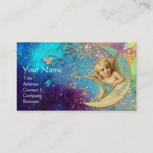 CARTE DE VISITE ANGE LUNE EN BLEU OR JAUNE ÉTOILES MONOGRAMME
