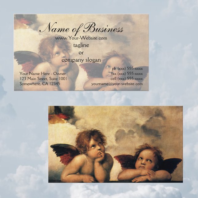 Carte De Visite Anges de la Madone Sixtine par Raphaël Raffaello (Sistine Madonna Angels by Raphael features two angels looking upwards towards the clouds and heaven.)