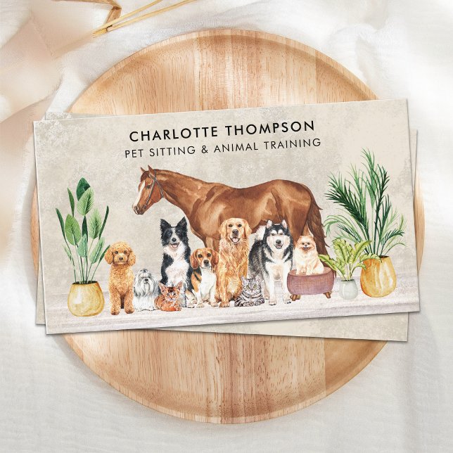 Carte De Visite Animaux assis chien chat Cheval Boho Aquarelle Ani (Créateur téléchargé)
