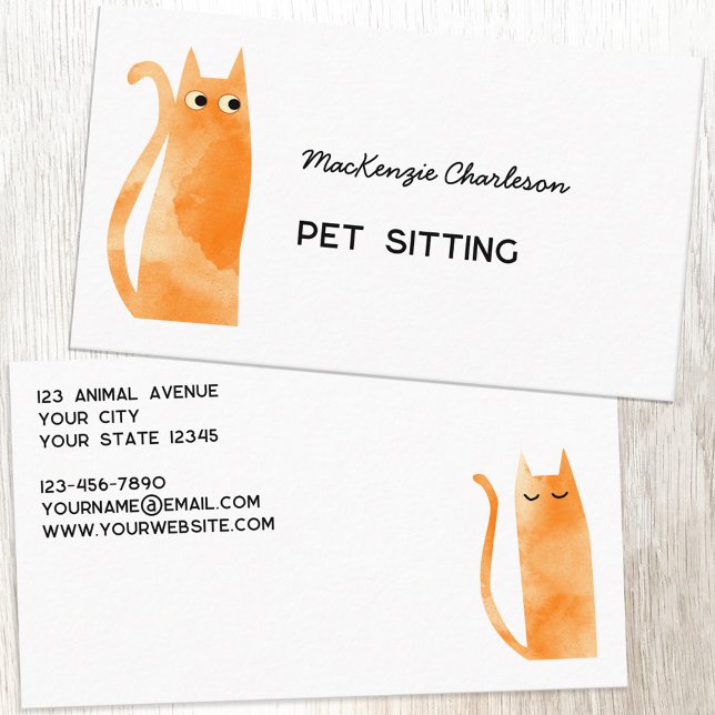 Carte De Visite Animaux de compagnie au gingembre orange assis (Orange Ginger cat watercolor custom text pet feeding cat sitting business card)