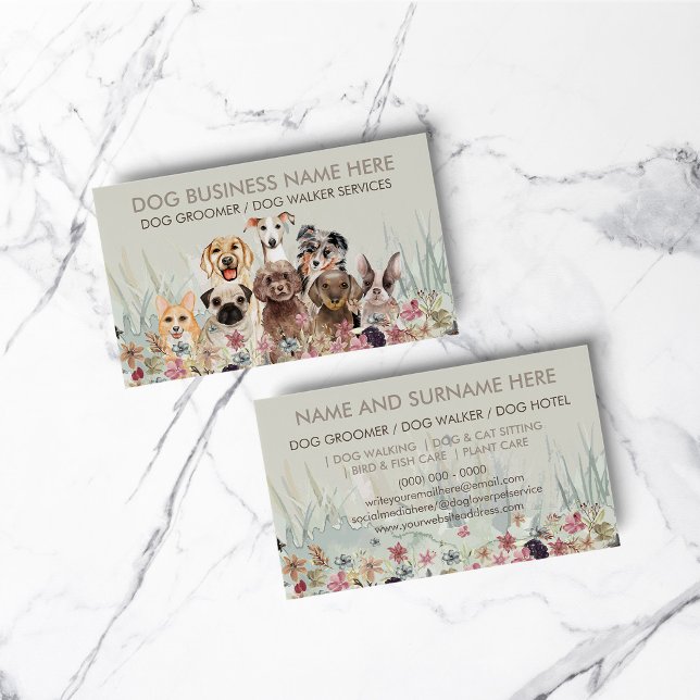 Carte De Visite Animaux de compagnie Sitter Walker chien pétanque  (Pet Sitter Walker dog petcare green grass floral Business Card)