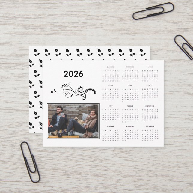 Carte De Visite Année moderne 2026 Calendrier photo avec feuillage (Devant/Arrière en situation)