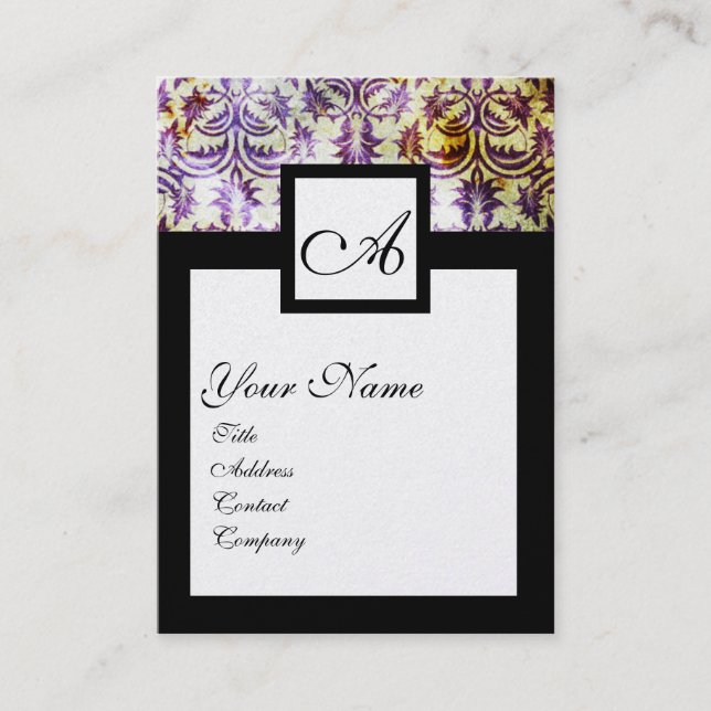 Carte De Visite ANTIQUE DAMASK CARRÉ MONOGRAM, violet noir argent (Devant)