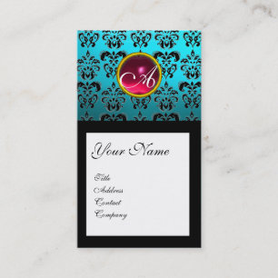CARTE DE VISITE AQUA BLUE BLACK DAMASK CARRÉ RUBY GEM MONOGRAM