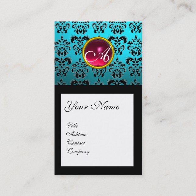 CARTE DE VISITE AQUA BLUE BLACK DAMASK CARRÉ RUBY GEM MONOGRAM (Devant)