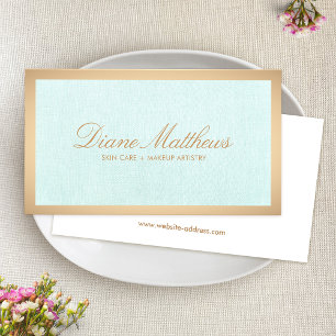 Carte De Visite Aqua Blue Linen, Rose Gold Border Spa de soins de