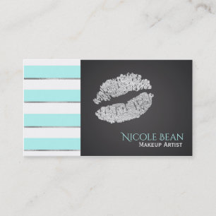 Carte De Visite Aqua Blue White Stripes Faux Silver Shine Lièvres