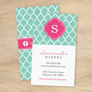 Carte De Visite Aqua et Pink Chic Lattice marocain Monogramme