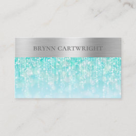 Carte De Visite Aqua Iridescente Sparkle Bokeh avec argent brossé