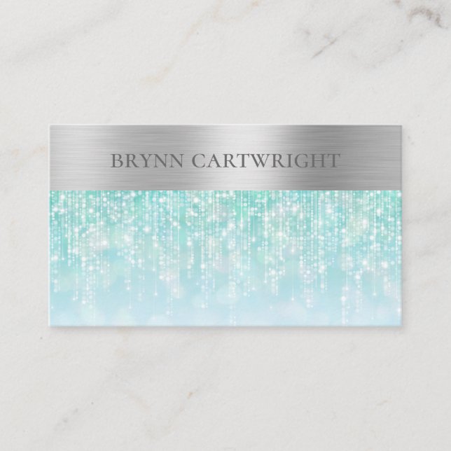 Carte De Visite Aqua Iridescente Sparkle Bokeh avec argent brossé (Devant)