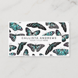Carte De Visite Aqua Papillons Turquoises Aquarelle Motif Monogram
