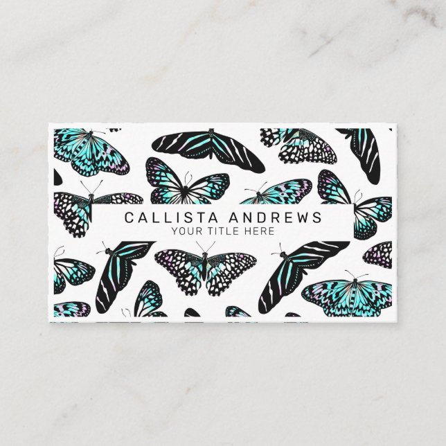 Carte De Visite Aqua Papillons Turquoises Aquarelle Motif Monogram (Devant)