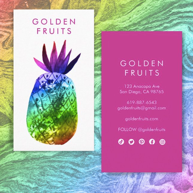 Carte De Visite Aquarelle à ananas tropicale rose pourpre arc-en-c (Créateur téléchargé)