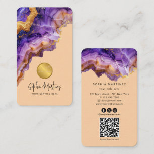 Carte De Visite Aquarelle Agate Violet paillettes d'or et logo QRC
