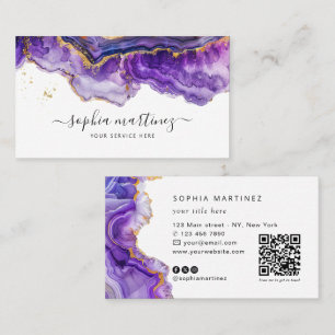 Carte De Visite Aquarelle Agate Violet paillettes d'or et QR Code