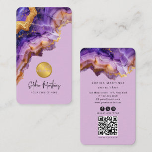 Carte De Visite Aquarelle Agate violette paillettes d'or & Logo QR