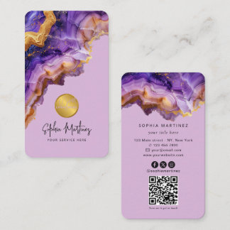 Carte De Visite Aquarelle Agate violette paillettes d'or & Logo QR