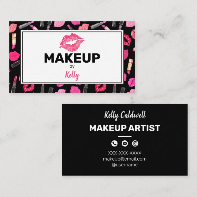 Carte De Visite Aquarelle Artiste de maquillage Glam Gold Pink Bus (Devant / Derrière)