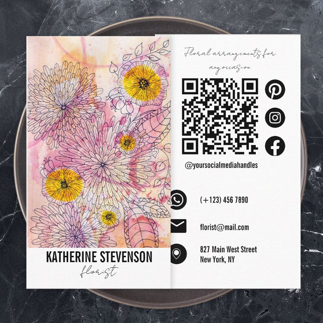 Carte De Visite Aquarelle Artistique douce Ligne de dégradé Art Fl (Créateur téléchargé)