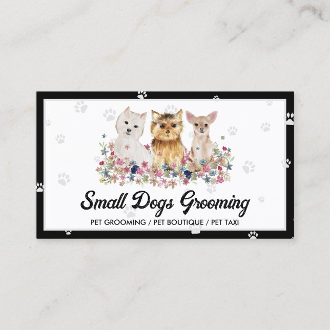 Carte De Visite Aquarelle blanche noire Petits chiens Paw Pet Pet  (Devant)