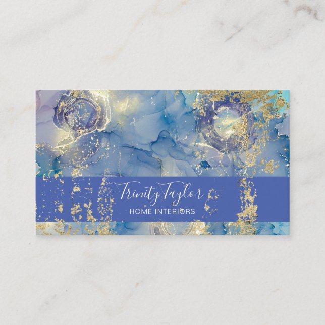 Carte De Visite Aquarelle bleu ardoise Marbre Encre et huile d'or (Devant)