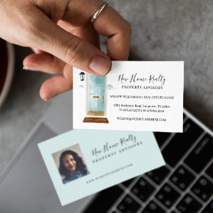 Carte De Visite Aquarelle Bleu Chic Porte d'entrée Immobilier Phot