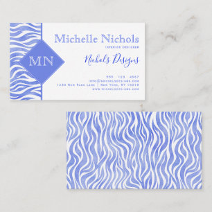Carte De Visite Aquarelle bleu Denim Zebra Imprimer   Monogramme