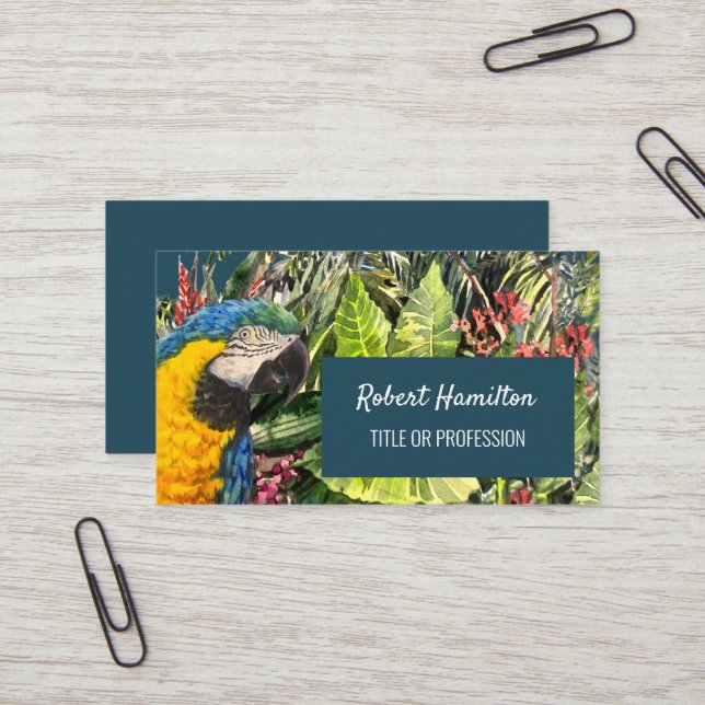 Carte De Visite Aquarelle bleu et or macaw (Devant/Arrière en situation)
