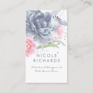 Carte De Visite Aquarelle bleu et rose doux floral élégant
