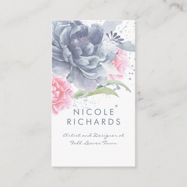 Carte De Visite Aquarelle bleu et rose doux floral élégant (Devant)