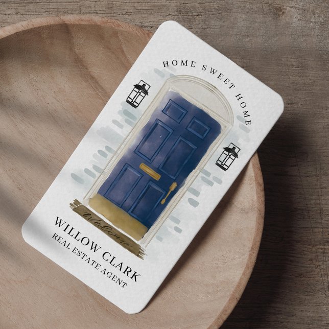 Carte De Visite Aquarelle bleu marine Agent immobilier de porte av (Créateur téléchargé)