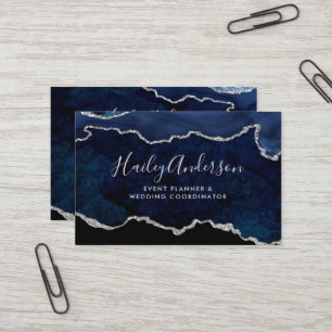 Carte De Visite Aquarelle bleu marine et Parties scintillant argen