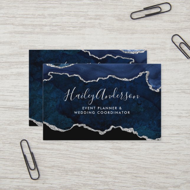 Carte De Visite Aquarelle bleu marine et Parties scintillant argen (Devant/Arrière en situation)
