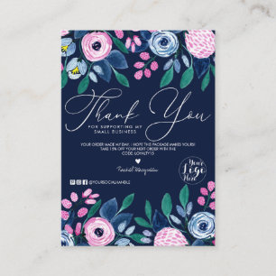 Carte De Visite Aquarelle bleu marine Floral Merci client