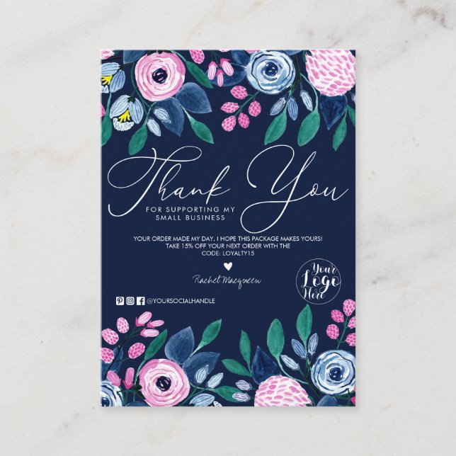Carte De Visite Aquarelle bleu marine Floral Merci client (Devant)