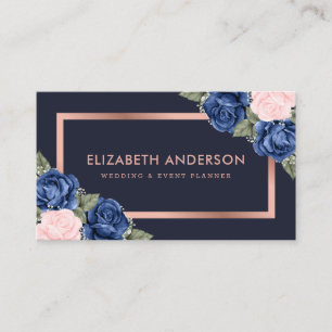 Carte De Visite Aquarelle bleu marine Rose or Floral