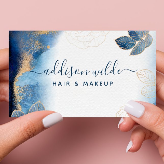 Carte De Visite Aquarelle bleu or Feuilles botaniques Abstrait (Créateur téléchargé)