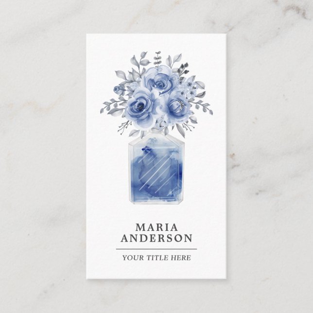 Carte De Visite Aquarelle bleu rustique florale Bouteille de parfu (Devant)