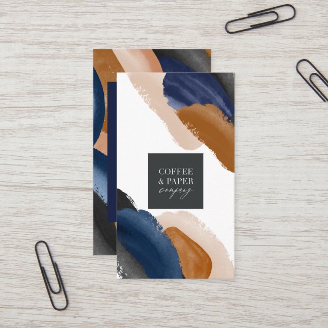 Carte De Visite Aquarelle bleu terre cuite abstraite logo moderne (Devant/Arrière en situation)