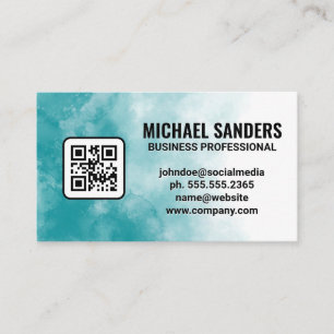 Carte De Visite Aquarelle bleu vert texture Code QR