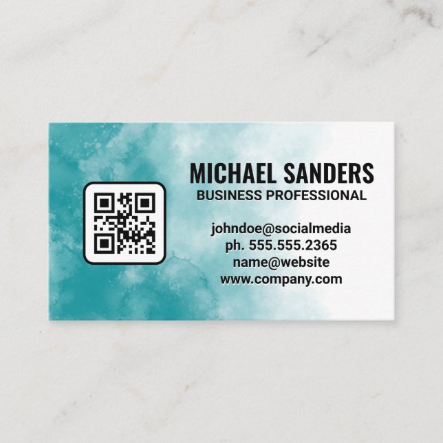 Carte De Visite Aquarelle bleu vert texture | Code QR (Devant)