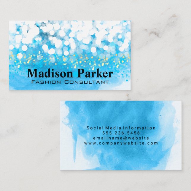 Carte De Visite Aquarelle bleue contemporaine | Parties scintillan (Devant / Derrière)